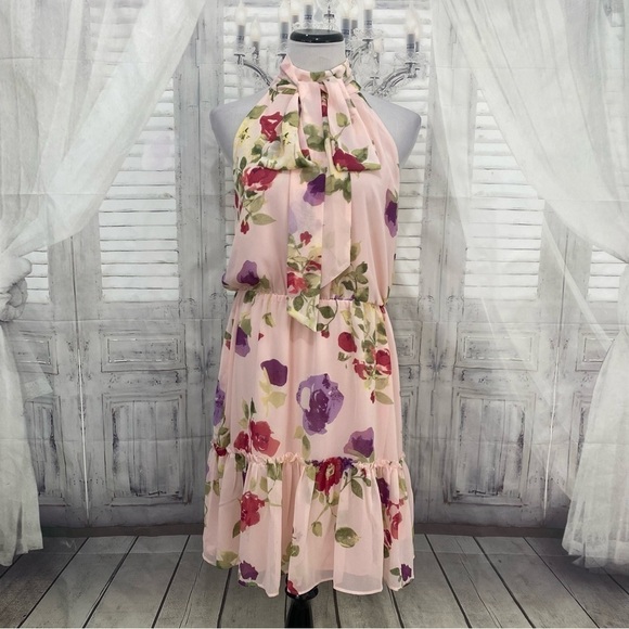 Ralph Lauren Size 10 Pink Floral Chiffon Sleeveless Dress Ties Neck Fit & Flare - Picture 3 of 12